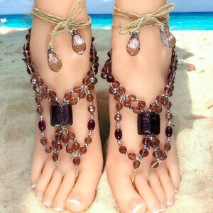 NEW Purple Glass Beaded Barefoot Sandals. Beach or bellydance foot jewelry.